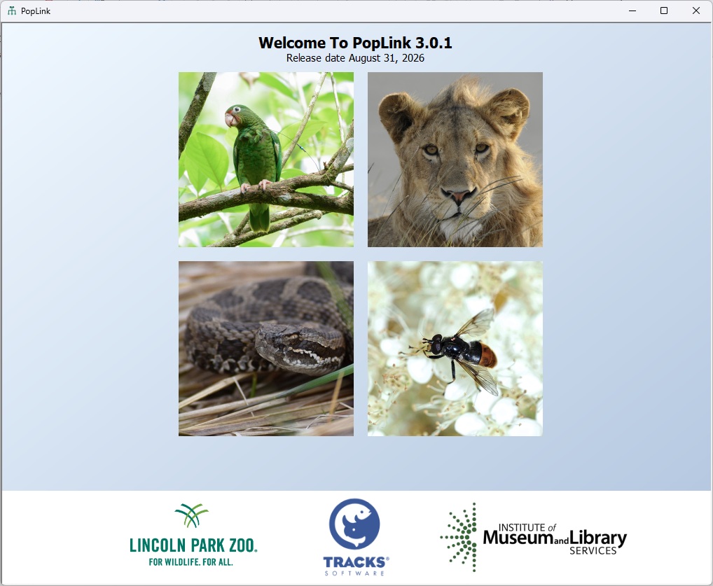 The PopLink 3.0.1 welcome screen, showing four species PopLink is used to manage — a Puerto Rican parrot, a lion, a rattlesnake and a hoverfly — above the Lincoln Park Zoo, Tracks Software and IMLS logos.